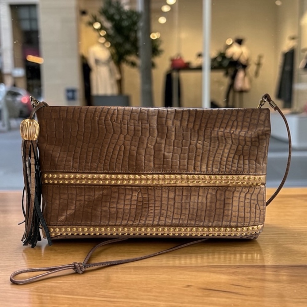 Brown Croc-Embossed Leather Crossbody Bag with Tassel